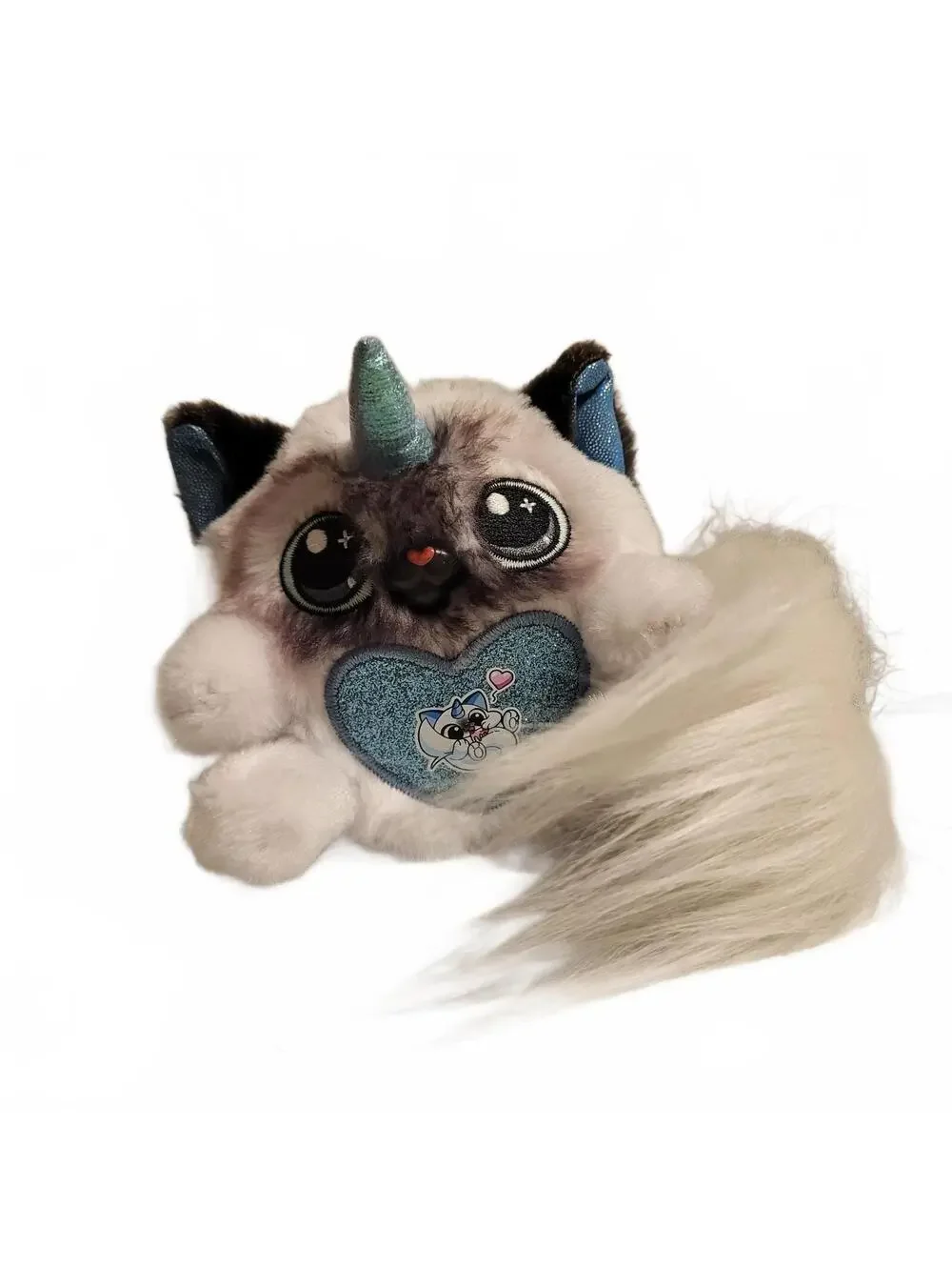 Cute Plush Unicorn Cat Stuffed Animal with Blue Heart Patch and Long Fluffy Tail